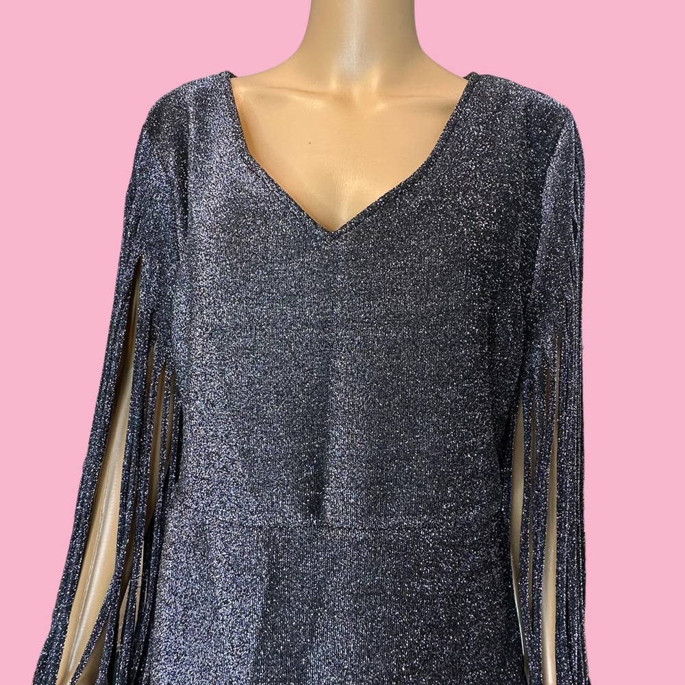 Womens Pencil Dress Glitter Black Size XL Knee Length Stretch Strappy Sleeve - Picture 4 of 16